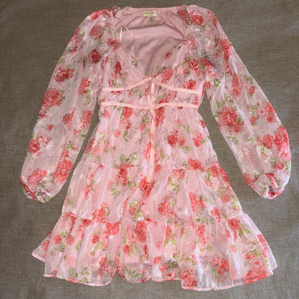 Pink Floral Tiered Dress with Sheer Long Sleeves